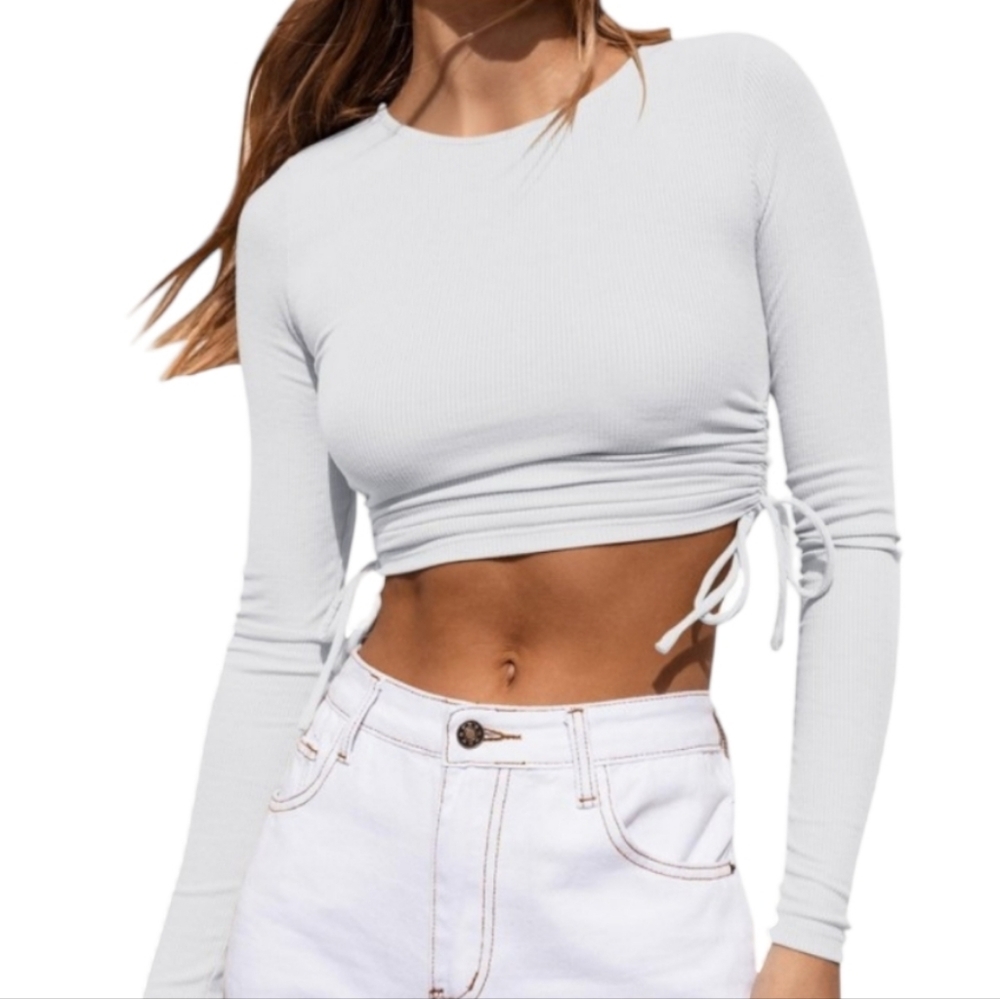 TOP L WHITE DRAWSTRING LONGSLEEVE STREETWEAR CROP TOP